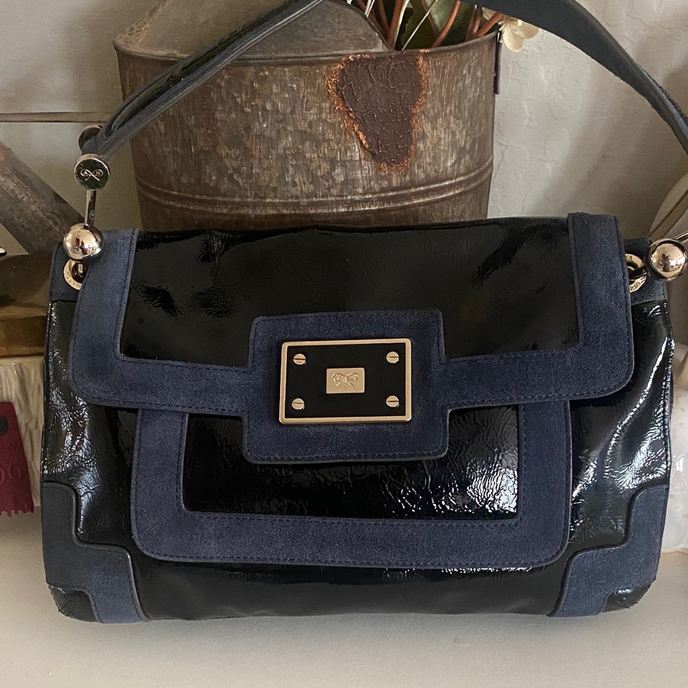 Anya Hindmarch Lautner black patent leather & Blue Suede purse w/ gold hardware